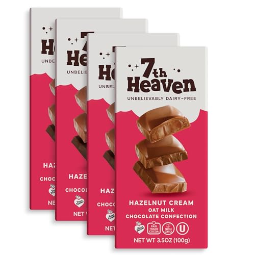 7th Heaven, Vegan Hazelnut Cream Oat Milk Chocolate Bar (3.5oz Full Size Candy Bars - 4 Packs) - Perfect for Easter Candy, Plant Based Dairy Free Chocolate with Peanut Butter Filling, Fair Trade Cocoa & Coconut Oil, Kosher Parve