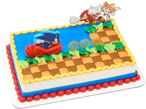 DecoSet Sonic The Hedgehog Cake Topper, 3-Piece Decoration Set With Tails & Knuckles Cake Pic, Rings Cake Pic And Rolling Sonic Action Figurine, For Birthday And Celebrations