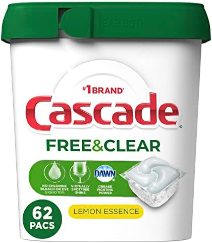 Cascade Free & Clear ActionPacs, Dishwasher Detergent, Lemon Essence, Dishwasher Soap, Dishwasher Pods, 62 Count