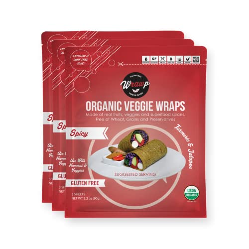 WrawP Organic Mini Veggie Wraps - SPICY (3 pack) SHELF STABLE, All Natural, Gluten Free, Paleo, Raw Vegan. Perfect for Wraps, flat bread, snack, chips