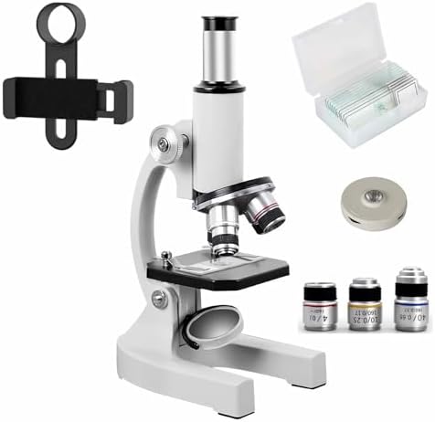 Microscope-200-4000X Magnification,Biological Educational Microscope for Students and Adults,with Phone Clip,Biological Specimen and Fill Light (White)