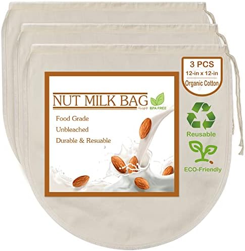 3 PCS 12"x12" Nut Milk Bags - 100% Unbleached Cotton Cheesecloth, Reusable Food Strainer Colander For Straining Almond/Oat Milk, Celery Juice, Cold Brew Coffee, Yogurt and Cheese Making