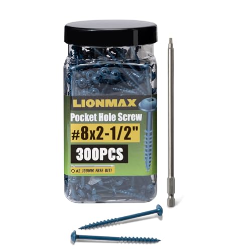 Pocket Hole Screws 2-1/2 Inch, LIONMAX Pocket Screws #8 x 2-1/2" 300PCS for Exterior, Blue Coated Pocket Hole Screw, Coarse Thread, Washer Head with Square Drive, 150MM Drive Bit Included