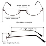 REAVEE 3-Pack Retro Designer Alloy Half Moon Reading Glasses Women Men Half Frame Spring Hinge Stylish Slim Reader with Pouch,Black,Grey and Silver,1.5