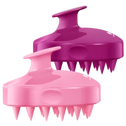 HEETA Hair Scalp Massager Shampoo Brush 2 Pack, Soft Silicone Bristles to Remove Dandruff, Waterproof Hair Scrubber for Both Wet Dry Hair, Suitable for Men & Women (Pink & Purple)
