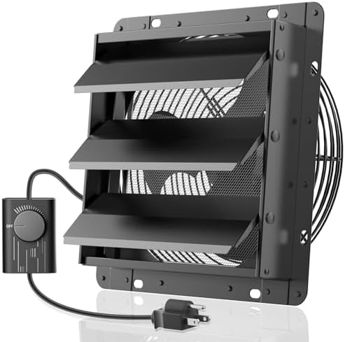 HG Power Upgraded 10 Inch Shutter Exhaust Fan with Speed Controller, 647CFM High-Speed Vent Fan with Mesh Screen, 1400RPM Wall Mounted Attic Fan for Shed, Garage, Greenhouse Ventilation, Black