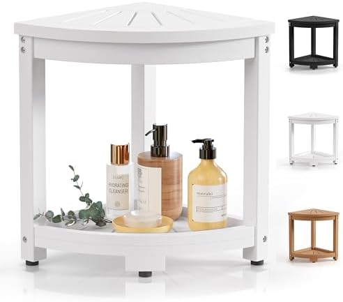 Corner Shower Stool for Inside Shower, HIPS Waterproof Shower Bench Seat Chair, Plastic Bath Shower Stool for Shaving Legs Foot Rest with Storage Shelf, Adjustable & Non-Slip Feet, White