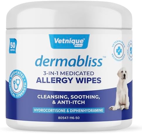 Vetnique Dermabliss 3-in-1 Medicated Dog Wipes - Relief for Itchy Skin, Allergies & Odor Control, Gentle No-Sting Formula, Antihistamine & Hydrocortisone Paw Wipes for Dogs & Cats 50 Count
