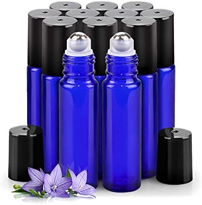 sungwoo 12 Pack Essential Oil Roller Bottles, 10ml Blue Glass Roller Bottles with Stainless Steel Roller Balls and Caps for Travel, Perfume and Lip Gloss