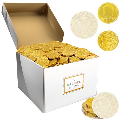 The Dreidel Company White Milk Chocolate Coins, Hanukkah Gelt, Half-Dollar Gold Foil Coins, Made with Premium Belgian Chocolate, Gluten-Free, Non-GMO, Kosher Certified Dairy (200-Pack)