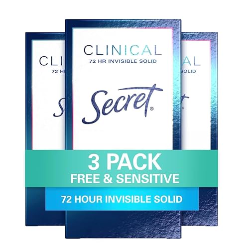 Secret Clinical Strength Antiperspirant Deodorant for Women, Free & Sensitive, 3X Stress Protection, 72hr Sweat & Odor Protection, PH Balancing Minerals, Invisible Solid, Unscented, 1.6 oz (Pack of 3)