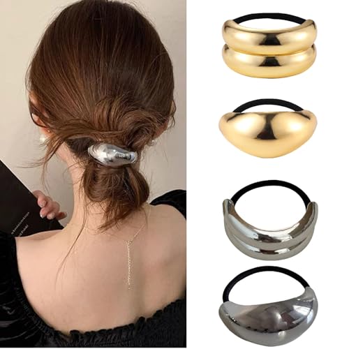 papasgix Metal Hair Ties, Metal Geometric Elastic Hair Ties, Hair Cuff Wrap Hair Ties for Thick Hair Elastic Hair Ties for Women Hair Accessories (Gold+Silver-1)