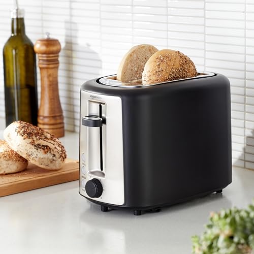 Amazon Basics 2 Slice Extra Wide Slot Toaster with Bagel Function, Removable Crumb Tray, 6 Browning Settings, Frozen Food Setting, Cancel Button, 900W, Black & Silver.