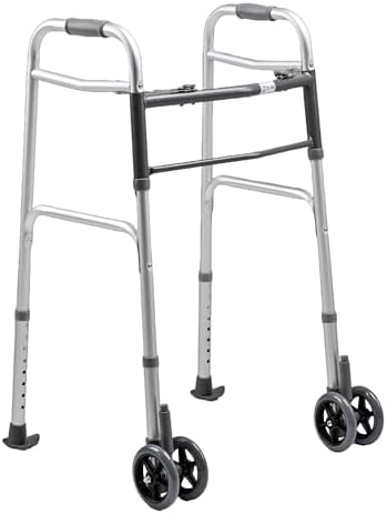 Dr. Aid Premium Folding Walker with Wheels, 5" Auto Brake Double Front Wheel Walker, Lightweight Walkers for Seniors, Durable Aluminum Frame, Adjustable Height, Supports Up to 400lbs, Aluminum Gray
