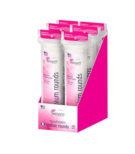 Swisspers Premium Cotton Rounds – 100 Count (Pack of 6) - 100% Pure Cotton - Soft, Absorbent, Hypoallergenic Pads for Makeup Removal, Skincare, Baby Care and Facial Cleansing - Lint Free