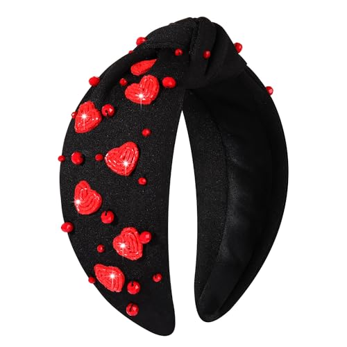 boderier Valentines Day Headband Red Pink Heart Headband Jeweled Crystal Knotted Headband Valentines Lover Party Hair Accessory (Black-Red Heart)