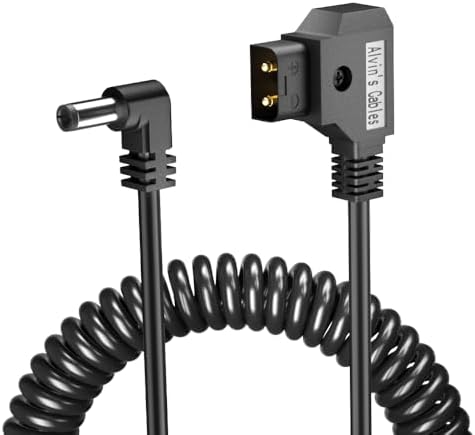 Alvin's Cables D-tap to DC Power Cable 12V 5.5mm×2.1mm DC Coiled Cable for Atomos Shogun, Ikan Monitor, Blackmagic Video Assist, SmallHD Indie 7, Right Angle DC