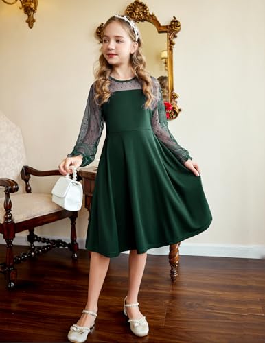 Arshiner Girl's Sheer Mesh Lantern Long Sleeve Green Christmas High Waist Elegant Party Short Dress 11-12 Years