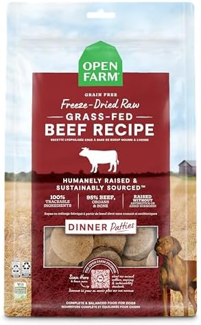 Open Farm Freeze Dried Raw Patties for Dogs, Humanely Raised Meat Recipe with Non-GMO Superfoods and No Artificial Flavors or Preservatives, Grass Fed Beef Recipe, 10.5oz
