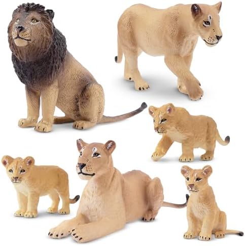 Toymany 6PCS Realistic Lion Figurines with Lion Cubs, 2-5" Jungle Animals Figures Family Set Includes Baby Lions, Educational Toy Cake Toppers Christmas Birthday Gift for Kids Toddlers