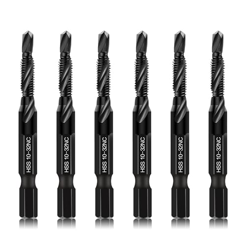 6-Piece 10-32NC Combination Drill Tap Countersink Bit Set SAE, Made of High-Speed Steel with Anti-Rust Blackened Coating, Ideal for Soft Metal, Wood & Plastic, 10-32NC Thread Size, 1/4” Hex Shank