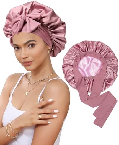 Satin Bonnet Silk Bonnet for Sleeping Silk Sleep Cap Double Layer Hair Bonnet with Elastic Tie Band for Curly Hair Night Cap