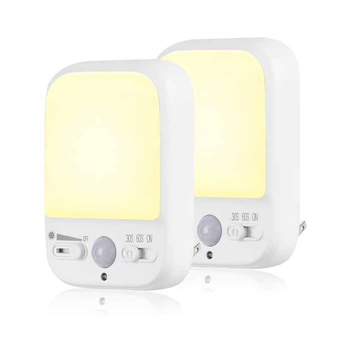 LED Night Light Plug into Walls, Plug-in, Dusk to Dawn Motion Sensor with 4 Lighting Modes, Brightness Adjustable Warm White, Energy Efficient, Ideal Nightlight for Elderly, Baby, Kids (2 Pack)