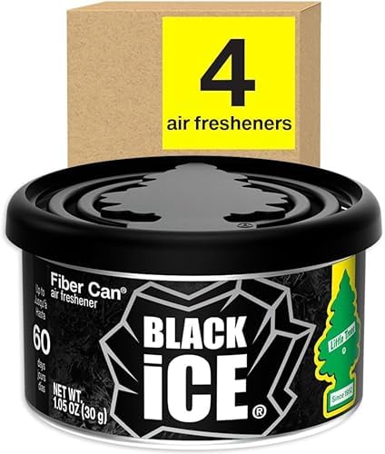 LITTLE TREES Car Air Freshener. Fiber Can Provides a Long-Lasting Scent for Auto or Home. Adjustable Lid for Desired Strength. Black Ice, 4 Air Fresheners