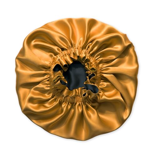 100% Pure Silk Bonnet for Sleeping Women - Reversible Mulberry Silk Hair Wrap - Satin Sleep Bonnet for Black Women - Silk Bonnet Satin Head Wrap for Sleeping - Made in USA (Amber Yellow and Black)