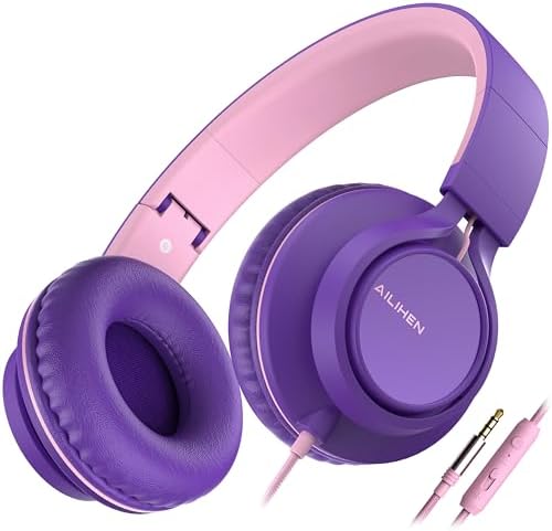 AILIHEN C8 Girls Headphones, On-Ear Headphones Wired with Microphone and Volume Control Foldable Corded Stereo 3.5mm Headset for Girls School Chromebook Laptop Computer PC Tablets Travel (Purple Pink)