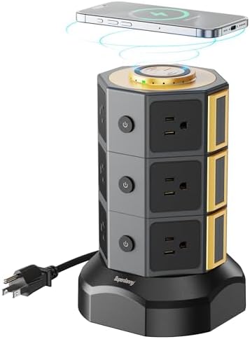 Power Strip Tower, SUPERDANNY Surge Protector Tower with 15W Wireless Charger, 1050J, 13A Charging Station with 12 AC Outlets & 6 USB Ports (2 USB C), 6.5ft Extension Cord for Home Office Dorm, Gold