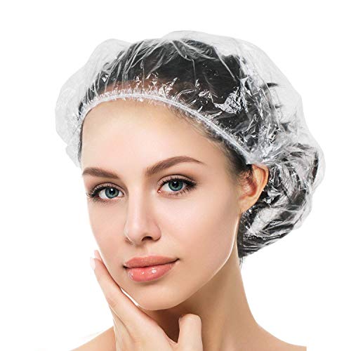 Auban 100PCS Disposable Shower Caps, Plastic Clear Hair Cap Large Thick Waterproof Bath Caps for Women, Hotel Travel Essentials Accessories Deep Conditioning Hair Care Cleaning Supplies(20.5")