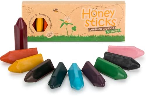 Honeysticks Triangular Crayons (10 Pack) - 100% Pure Beeswax, Food Grade Colors, Non Toxic Crayons for Baby, Toddlers ages 1-3,2-4, Triangle Shape for Pencil Grip Development. Handmade in New Zealand