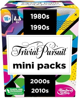 Hasbro Gaming Trivial Pursuit Mini Packs Multipack, Fun Trivia Questions for Adults and Teens Ages 16+, Includes 4 Game Featuring 4 Decades