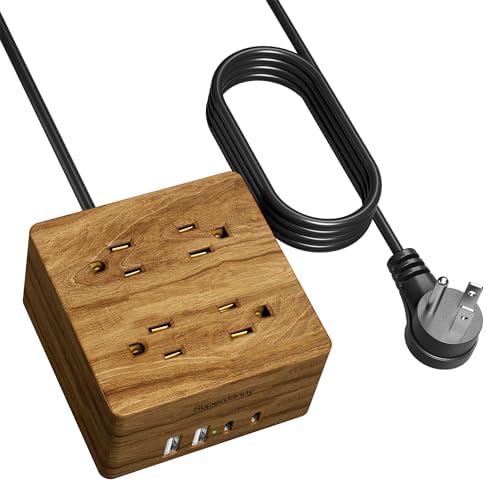 USB Power Strip Surge Protector - SUPERDANNY Desktop Extension Cord with 4 Widely Spaced Outlets & 4 Smart USB Ports, Portable Charging Station for Home, Office, Hotel, Dorm, RV, Faux Walnut Grain
