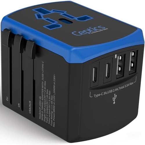 Ceptics Universal Travel Adapter, 5 in 1 Universal Laptop Charger with 2X USB-A & USB-C 3.5A for Mobiles, Laptops, Cameras US, UK, EU, AU, All in 1 Type A, C, G, I Output,