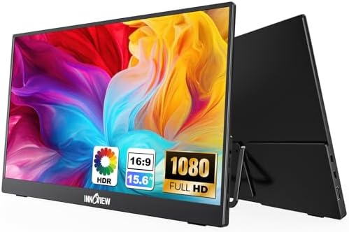 InnoView Portable Monitor for Laptop 15.6'' FHD 1080P USB-C Travel Monitor Built-in 90° Adjustable Stand, HDR IPS Portable Laptop Monitor for MacBook PC Phone Xbox PS4/5 Switch