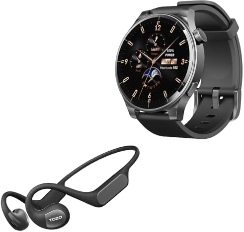 TOZO S5 Smartwatch (Answer/Make Calls) Sport Mode Fitness Watch, Black + Openreal Wireless Bluetooth Open Headphones Matte Black