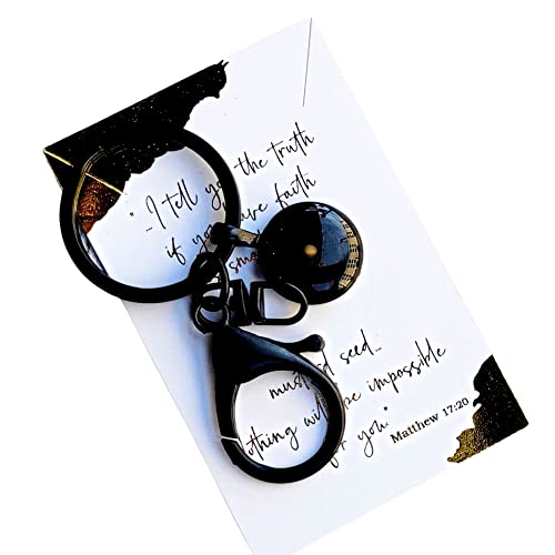 Mustard Seed Inspirational Keychain for Men or Women, Black gunmetal and Resin, gift box and scripture card