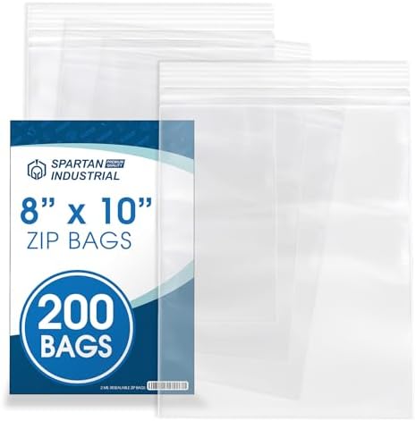 Spartan Industrial - 8” X 10” (200 Count) Quart Clear Reclosable Zip Plastic Poly Bags with Resealable Lock Seal Zipper - 2 Mil