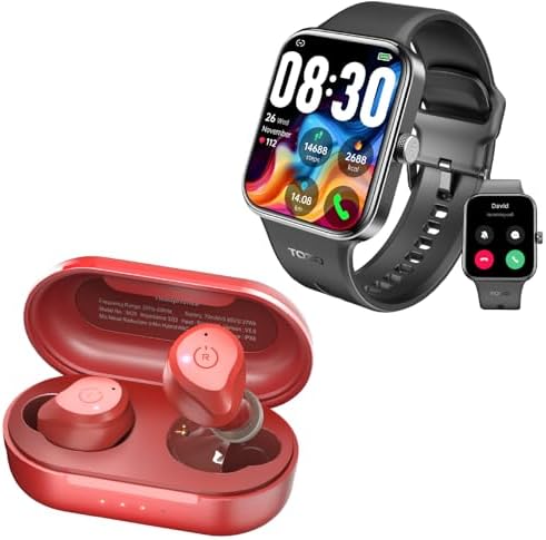 TOZO S4 AcuFit One Smartwatch 1.78-inch Bluetooth Talk Dial Fitness Tracker Black + NC9 Wireless Bluetooth in-Ear Headphones Dark Red