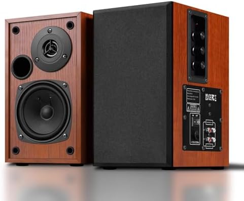 60W Powered Bookshelf Speakers, Turntable Speakers with 4'' Subwoofer and 1'' Tweeters with Wall Mounted for Home Theater Surround Sound, Desktop Stereo-Wood Grain