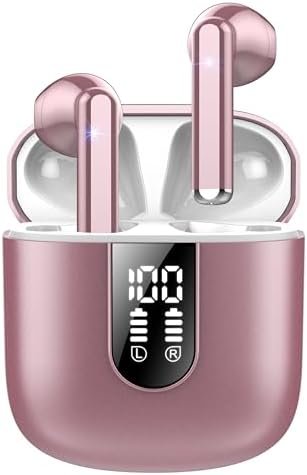 Wireless Earbuds, 2024 Bluetooth 5.3 Headphones, Stereo Earphones with ENC Mic, Wireless Headphones in ear earbuds with Dual LED Display, 30H Playtime, Gym Headphones IP7 Waterproof, Rose Gold