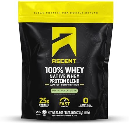 Ascent 100% Whey Protein Powder - Post Workout Whey Protein Isolate, Zero Artificial Flavors & Sweeteners, Gluten Free, 5.5g BCAA, 2.6g Leucine, Essential Amino Acids, Mint Chip 1.7 lb