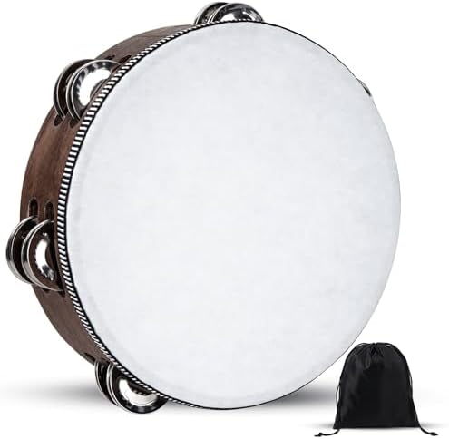 Wooden Hand Held Percussion Tambourine with Storage Bag - 8 Inches, Ideal for Church, Wedding, Party, Dance, Photo Shoot