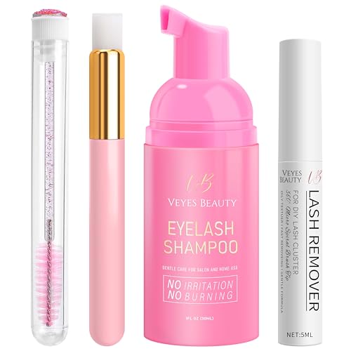 VEYESBEAUTY Cluster Lash Remover & Cleaner Kit DIY Lash Aftecare Kit for Eyelash extensions and Natural Lashes, Remover, Shampoo, Cleansing Brush, Mascara Wand Self-Application Eyelash Cleansing Kit