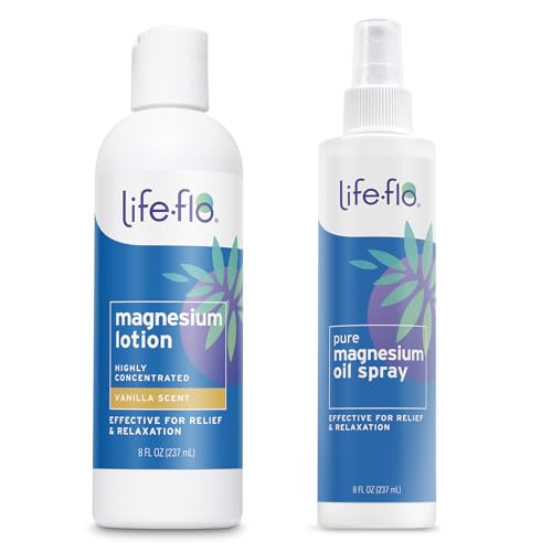 LIFE-FLO Vanilla Magnesium Lotion and Pure Magnesium Oil Spray Bundle - Magnesium Chloride from the Zechstein Seabed - 100% Magnesium Oil for Feet and Body and Vanilla Lotion, 60-Day Guarantee, 8oz ea