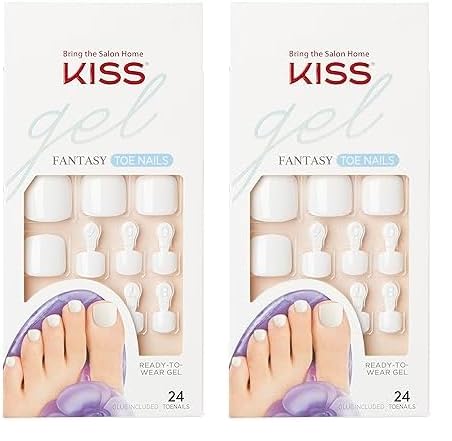 KISS Gel Fantasy Press On Toenails, Nail Glue Included, This is Classic', White, Short Size, Squoval Shape, Includes 24 Nails, 2g glue, 1 Manicure Stick, 1 Mini File (Pack of 2)