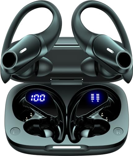 GOLREX Wireless Earbuds Bluetooth Headphones 80H Playtime Ear Buds with Wireless Charging Case & Dual LED Power Display Over-Ear Earphones with Earhooks for Sports Running Workout Black