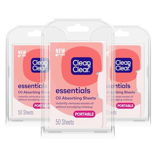 Clean & Clear Essentials Oil Absorbing Sheets, Portable Blotting Papers for Shine Control on the Face & Nose, Blotting Sheets Instantly Remove Excess Oil Without Smudging Makeup, 3 Pack